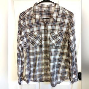Eddie Bauer Ladies Plaid Button Down Flannel Shirt Brown/Blue/Pink Size L